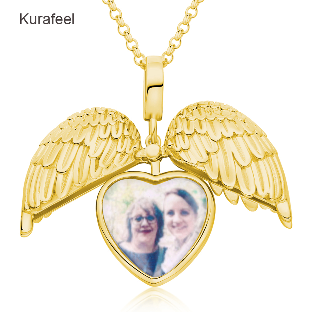 Heart Shape Angel Wings Lettering Photo Pendant 925 Sterling Silver Women Necklace